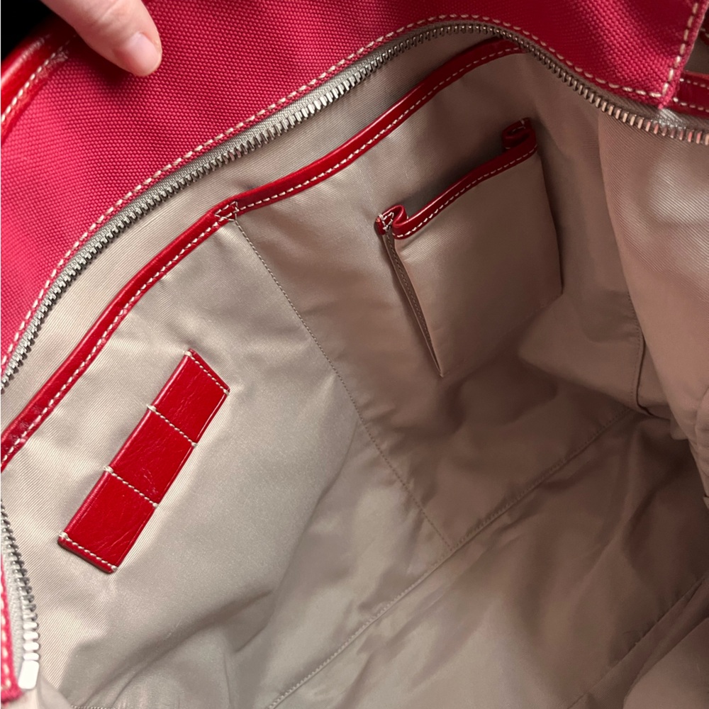 Rare Coach Red Canvas weekend Tote Bag with Tan Straps Leather accents - Picture 10 of 12